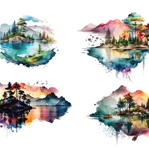 May include: Four watercolor paintings of island landscapes with mountains, trees, and water. Each painting has a unique color palette and features a small island with trees and a reflection in the water.