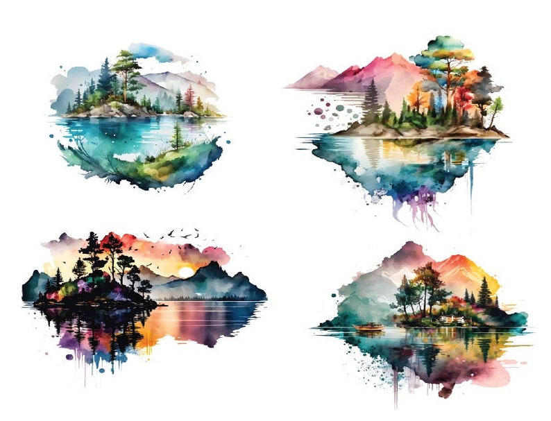 May include: Four watercolor paintings of island landscapes with mountains, trees, and water. Each painting has a unique color palette and features a small island with trees and a reflection in the water.