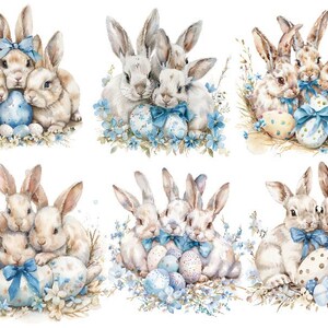 Puede incluir: Seis ilustraciones de acuarela de grupos de tres conejos sosteniendo huevos de Pascua. Los conejos son blancos con detalles marrones y lazos azules. Los huevos est&aacute;n decorados con patrones azules y blancos.