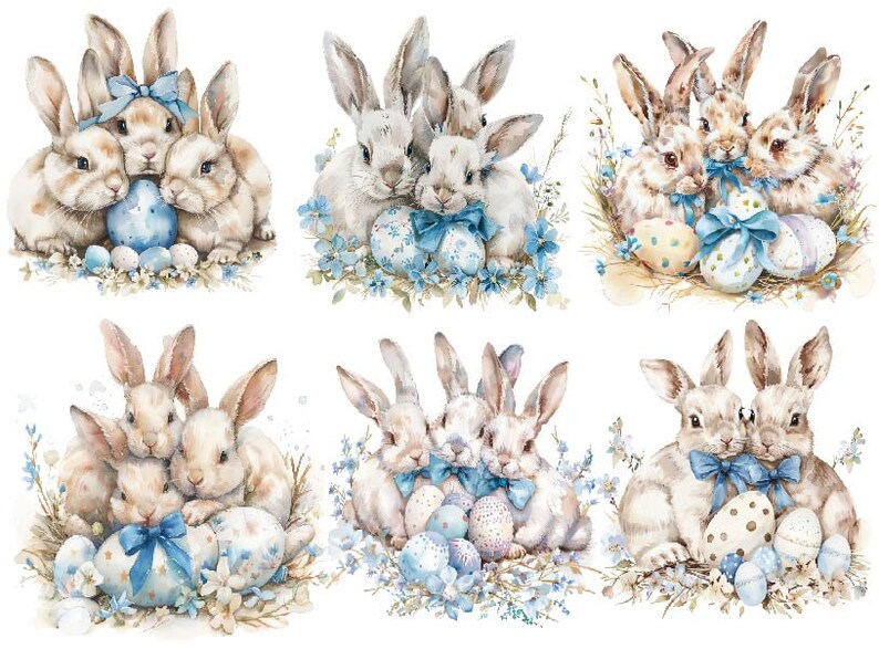 Puede incluir: Seis ilustraciones de acuarela de grupos de tres conejos sosteniendo huevos de Pascua. Los conejos son blancos con detalles marrones y lazos azules. Los huevos est&aacute;n decorados con patrones azules y blancos.