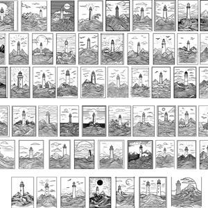 Peut inclure: Une collection d'illustrations en noir et blanc de phares. Chaque image représente un phare sur une côte rocheuse ou en mer, avec des arrière-plans variés de vagues, de soleil, de lune et de nuages. Le style artistique est détaillé et graphique.