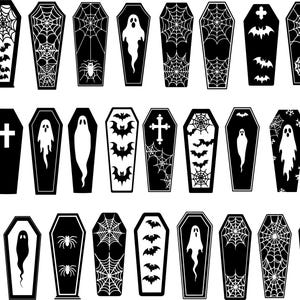 May include: A collection of black and white coffin illustrations. Each coffin features different Halloween-themed designs, including spiderwebs, bats, ghosts, and crosses. The coffins are arranged in rows, creating a spooky and festive pattern.