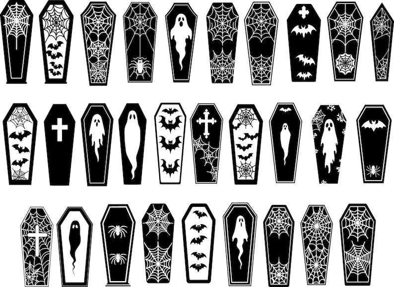 May include: A collection of black and white coffin illustrations. Each coffin features different Halloween-themed designs, including spiderwebs, bats, ghosts, and crosses. The coffins are arranged in rows, creating a spooky and festive pattern.