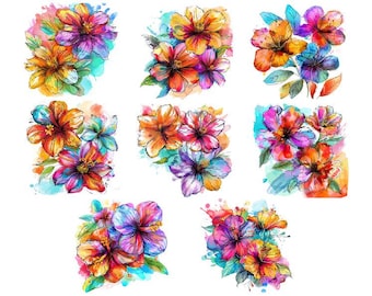 Watercolor Floral Clipart, Watercolor Colorful Flowers Png, Vibrant Watercolor Neon Flowers Clipart, Flower Bouquet Clipart