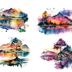 May include: Four watercolor paintings of landscapes with mountains, trees, and water. Each painting has a different color scheme and features a unique composition.