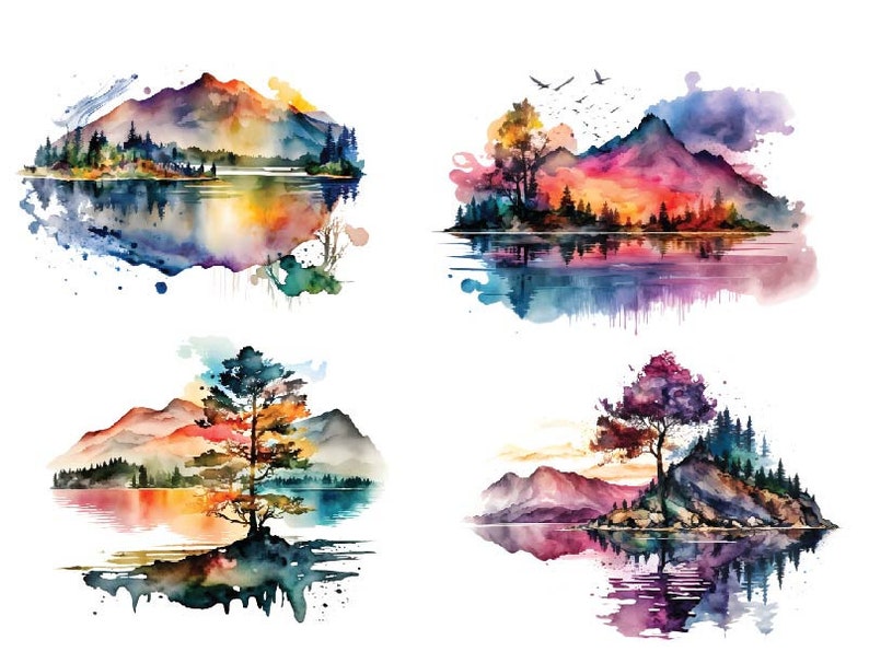 May include: Four watercolor paintings of landscapes with mountains, trees, and water. Each painting has a different color scheme and features a unique composition.
