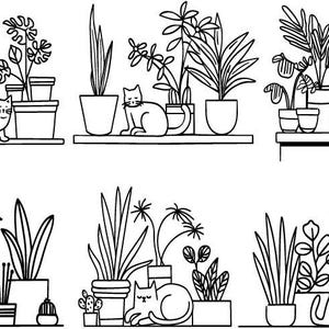 Pu&ograve; includere: Sei illustrazioni in bianco e nero di mensole con piante in vaso e gatti. Ogni mensola ha una disposizione diversa di piante e gatti. I gatti sono tutti rannicchiati o seduti sugli scaffali.