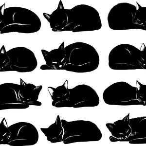 May include: A collection of black cat illustrations in various sleeping poses. Each cat is depicted in a minimalist style, with clean lines and a focus on the feline form. The cats are all curled up, with their eyes closed, suggesting a peaceful, restful state.