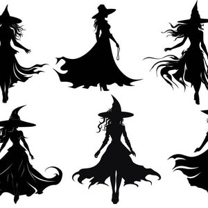 May include: Six black silhouettes of witches with pointed hats and flowing robes. The witches are in various poses, some with their arms raised and some with their hands on their hips.