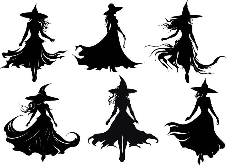May include: Six black silhouettes of witches with pointed hats and flowing robes. The witches are in various poses, some with their arms raised and some with their hands on their hips.