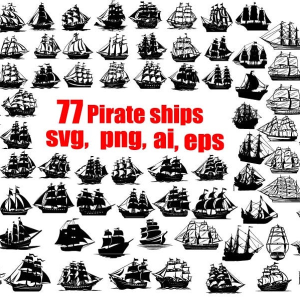 Bateau pirate SVG, bateau noir SVG, SVG pirate, bateau pirate Silhouette SVG, bateau pirate SVG Bundle, Clipart bateaux pirates, nautique Svg