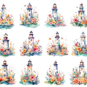 May include: Watercolor illustrations of various lighthouses surrounded by colorful flowers and greenery. Each lighthouse has a unique design and color scheme, with details like windows and lanterns. The artwork has a soft, dreamy quality, with a focus on nature and coastal themes.