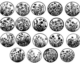 May include: A collection of twenty circular designs featuring intricate black and white floral arrangements. Each circle showcases a unique composition of wildflowers, grasses, and various plant life, creating a detailed botanical illustration.