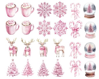 Watercolor Pink Christmas Clipart, Pink Christmas Boho Png, Christmas Clipart, Watercolor Christmas, Soft Pink Christmas Png