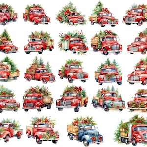 Acuarela Camión de Navidad Png, Camión Rojo Clipart, Camión Vintage Png, Camión de Navidad Svg, Acuarela Navidad Clipart