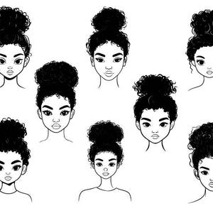 May include: A set of eight black and white line drawings of women with different curly hairstyles. Each woman has a different hairstyle, including a bun, a ponytail, and a braid.