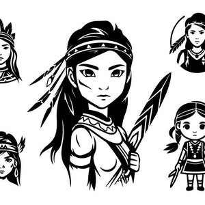 Paquete svg nativo americano, chica guerrera svg, imágenes prediseñadas nativas americanas, archivos de corte nativos americanos para Cricut, imágenes prediseñadas de niña nativa de dibujos animados
