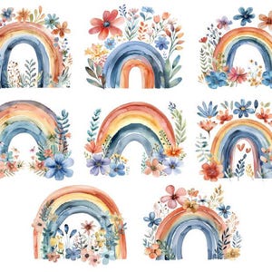 Clipart arc-en-ciel aquarelle, aquarelle florale bohème arc-en-ciel, Clipart arc-en-ciel Boho, floral arc-en-ciel Png
