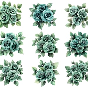 May include: Nine watercolor illustrations of teal roses with green leaves on a white background. Each arrangement features a cluster of roses, varying in size and composition, perfect for floral designs and crafts.