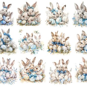 Puede incluir: Doce ilustraciones de acuarela de tres conejos cada uno, sosteniendo huevos de Pascua azules y blancos. Los conejos son blancos con lazos azules y est&aacute;n rodeados de flores azules y blancas.