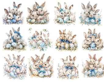 Coniglietto acquerello Png, Coniglietti carini acquerello Png, Clipart coniglietto, Clipart pasquale Png, Asilo nido Png, Coniglietto blu Png
