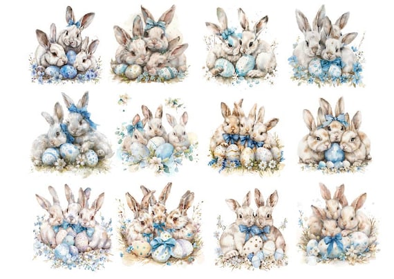 Watercolor Bunny Png, Watercolor Cute Bunnies Png , Bunny Clipart, Easter Clipart Png, Nursery Png, Blue Bunny Png