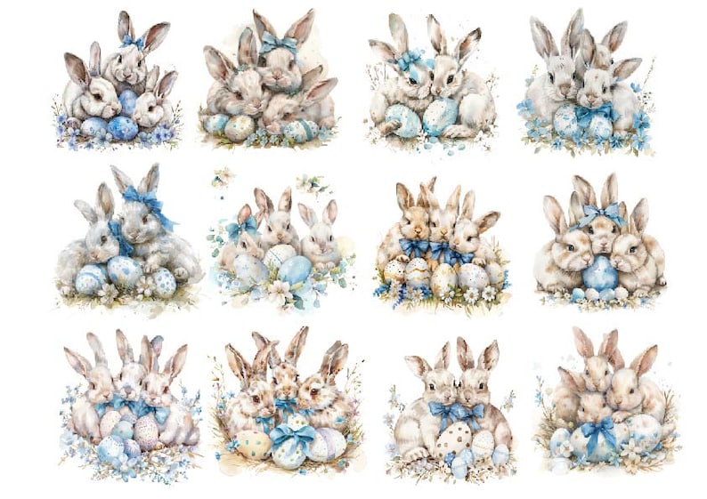 Puede incluir: Doce ilustraciones de acuarela de tres conejos cada uno, sosteniendo huevos de Pascua azules y blancos. Los conejos son blancos con lazos azules y est&aacute;n rodeados de flores azules y blancas.