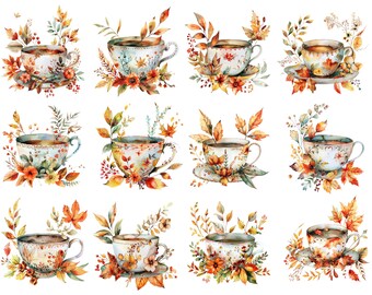 Watercolor Teacup, Autumn Floral Teacup Clipart, Cute Autumn Png, Watercolor Fall Leaves