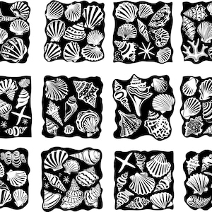 May include: A collection of black and white seashell illustrations. Each square features a variety of shells, starfish, and coral. The designs showcase intricate patterns and textures, perfect for coastal-themed decor or crafts.