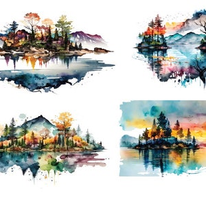 May include: Four watercolor paintings of island landscapes with mountains, trees, and water. The paintings are in a variety of colors, including blue, green, yellow, and orange.