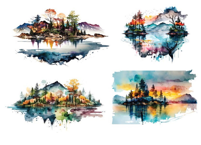 May include: Four watercolor paintings of island landscapes with mountains, trees, and water. The paintings are in a variety of colors, including blue, green, yellow, and orange.