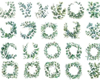 May include: A set of 25 watercolor illustrations of eucalyptus leaves arranged in various shapes, including wreaths, circles, and squares. The illustrations are perfect for adding a touch of greenery to any design project.