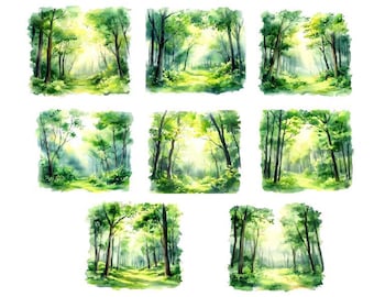水彩画の緑の風景クリップアート | 10 JPG | 自然水彩画の緑の森