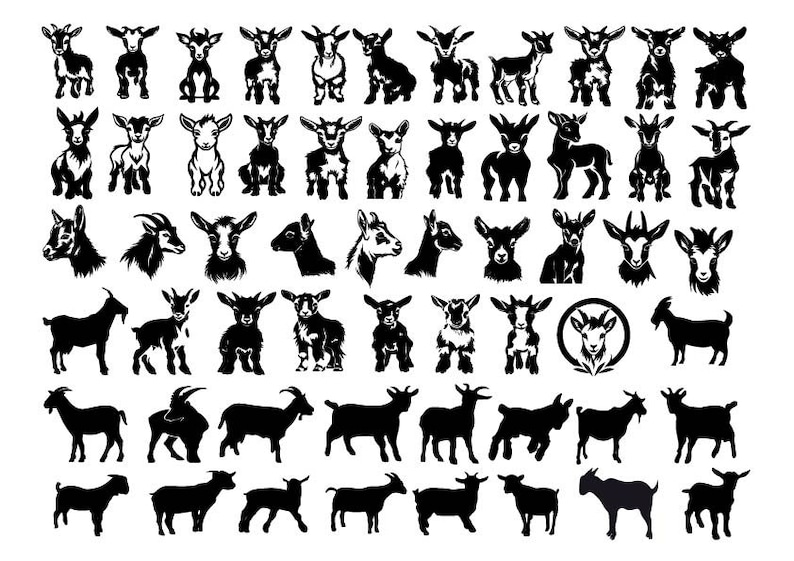 May include: A collection of 50 black and white silhouette illustrations of goats in various poses. The goats are depicted in a simple, stylized manner, with their horns, ears, and legs clearly visible.