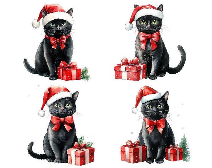 Cute Black Cat Santa Hat Christmas Themed Clipart - Digital Download ...