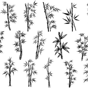 Puede incluir: Un conjunto de 18 ilustraciones en silueta en blanco y negro de plantas de bamb&uacute;. Las ilustraciones son simples y elegantes, y ser&iacute;an perfectas para usar en una variedad de proyectos de dise&ntilde;o.