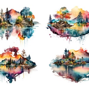 May include: Four watercolor paintings of colorful landscapes with mountains, trees, and water. Each painting features a different color palette and composition, with a focus on the reflection of the landscape in the water.