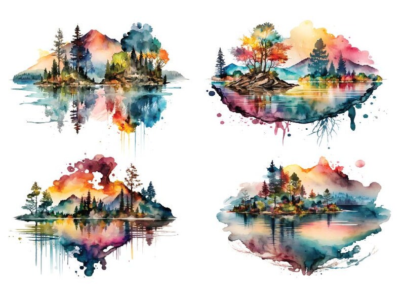 May include: Four watercolor paintings of colorful landscapes with mountains, trees, and water. Each painting features a different color palette and composition, with a focus on the reflection of the landscape in the water.
