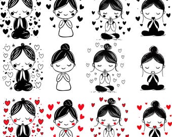 May include: A repeating pattern of cartoon girls with closed eyes and hands in prayer. The girls are in various poses, some sitting cross-legged, others standing. Black hearts and red hearts surround the girls, creating a loving and peaceful theme.
