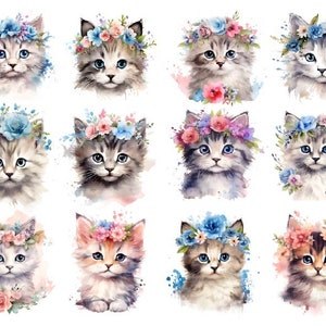 Aquarelle chaton Clipart, Clipart chat Floral, aquarelle Fantasy chaton Png, Clipart chat mignon, aquarelle chat mignon Png, Adorable chaton Png