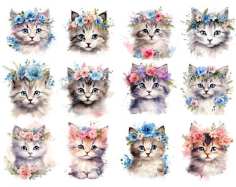 Watercolour Kitten Clipart, Floral Cat Clipart, Watercolor Fantasy Kitten Png, Cute Cat Clipart,Watercolor Cute Cat Png, Adorable Kitten Png