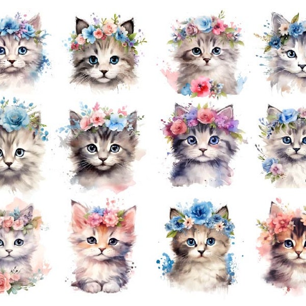 Watercolour Kitten Clipart, Floral Cat Clipart, Watercolor Fantasy Kitten Png, Cute Cat Clipart,Watercolor Cute Cat Png, Adorable Kitten Png