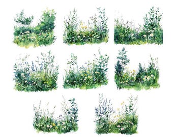 Watercolor Meadow Clipart, Watercolor Summer Greenery, Summer Landscape Clipart, Watercolor Wild Flowers Png, Spring Clipart