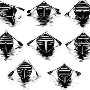 May include: A collection of seven black and white illustrations of small rowboats on water. Each boat is depicted from a different angle, with oars in place, creating a serene and nautical theme.