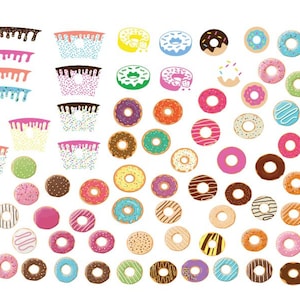 May include: A collection of colorful donuts with various toppings, including sprinkles, chocolate, and frosting. The donuts are arranged in a grid pattern on a white background.