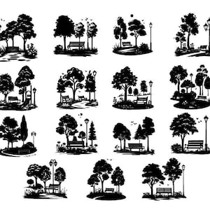 May include: A collection of black and white park scene illustrations. Each scene features trees, benches, and lampposts, with some including birds and pathways. The designs are detailed and suitable for various craft projects.