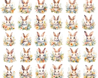 Watercolor Floral Bunny Clipart, Watercolor Easter Bunny Png, Pastel Easter Clipart, Cute Bunny Png