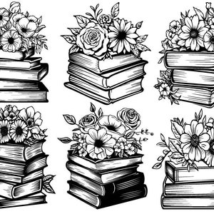 Könnte beinhalten: Schwarzweißillustration von sechs Bücherstapeln mit Blumenarrangements darauf. Jeder Bücherstapel hat eine unterschiedliche Anzahl von Büchern. Die Blumen sind in einem realistischen Stil gezeichnet.