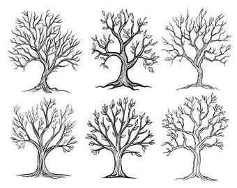 Paquete de árboles SVG, silueta de árbol SVG, árbol desnudo SVG, clipart de árbol, archivos de corte de árbol para Cricut, vector de árbol