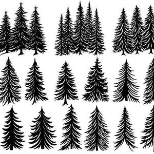 May include: A set of 16 black silhouette images of pine trees in various sizes and shapes. The trees are isolated on a white background.